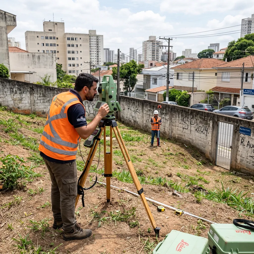 Levantamento topográfico com estação total em terreno residencial