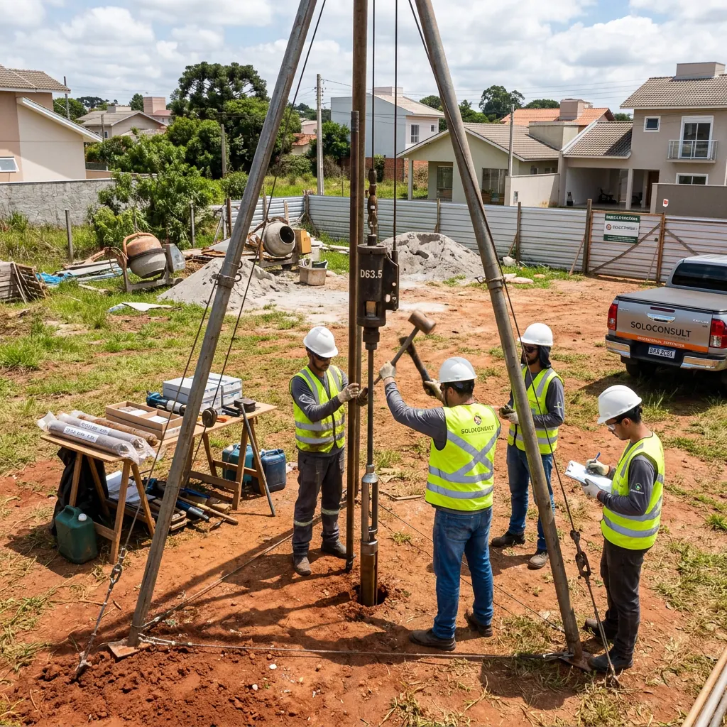 Operação de sondagem SPT em terreno residencial