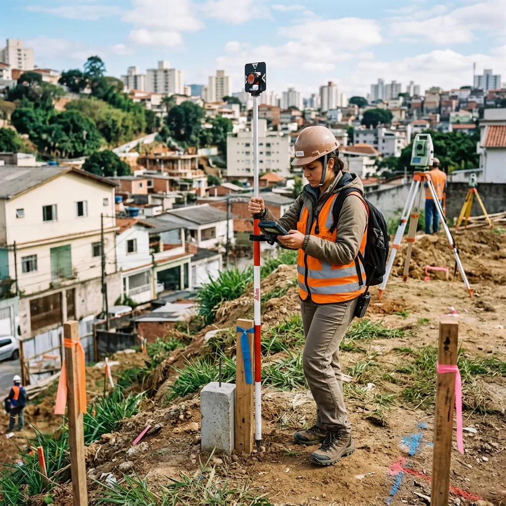 Levantamento topográfico com bastão e prisma refletor em terreno residencial